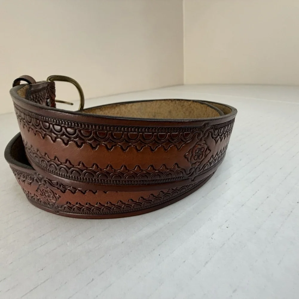 Western Cowboy Brown Leather Men's Belt Decorative Tooled Full Grain, Brass 47